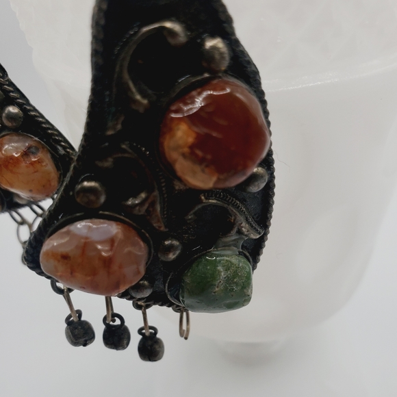 Artisan natural stones hand cut silver earrings butterfly wings vintage stunning - Picture 7 of 10